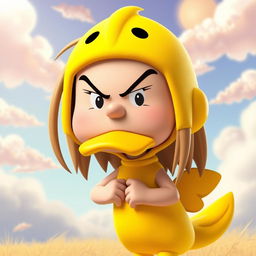 A Peanuts character with long hair, dressed in a bright and playful duck costume, displaying an exaggerated angry expression