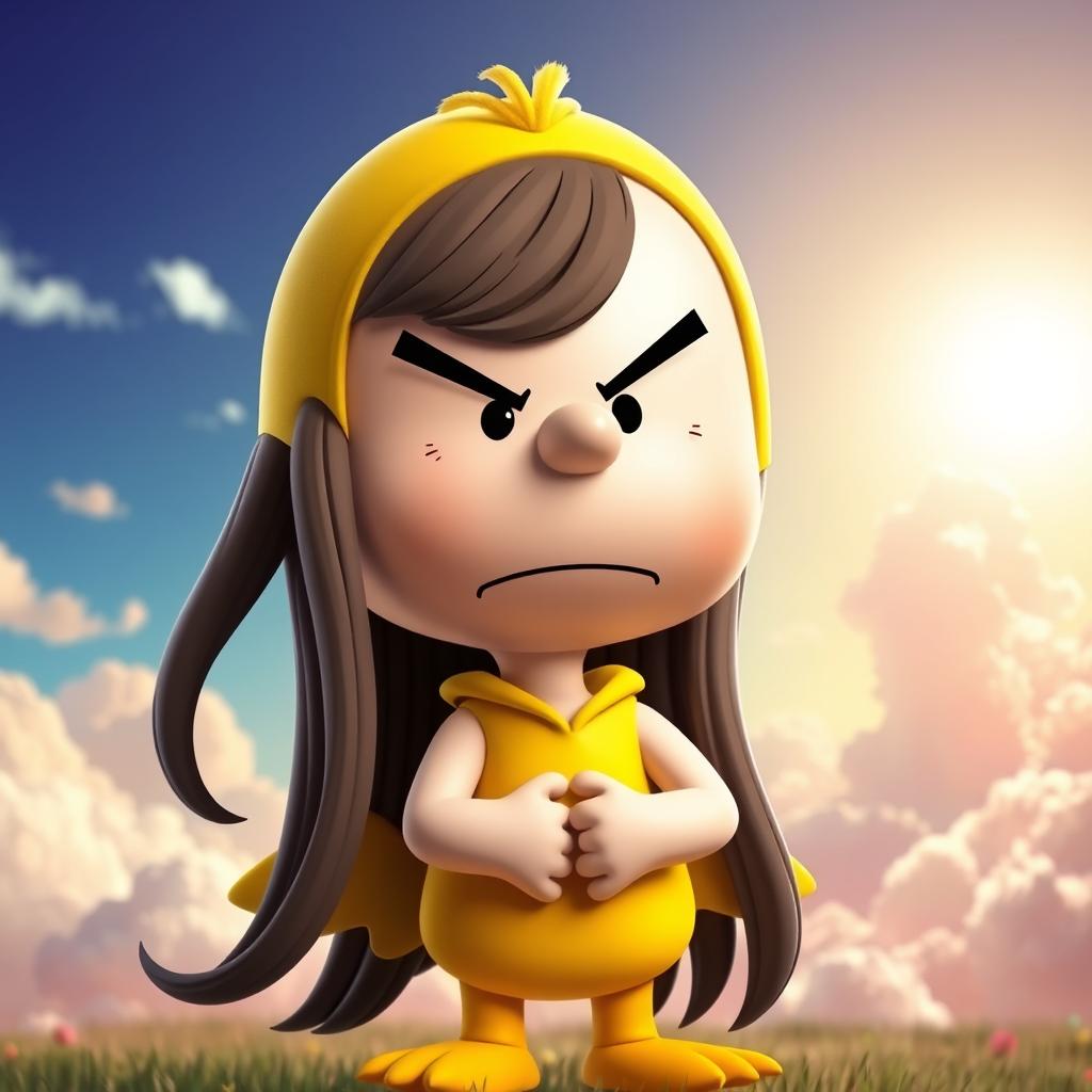 A Peanuts character with long hair, dressed in a bright and playful duck costume, displaying an exaggerated angry expression