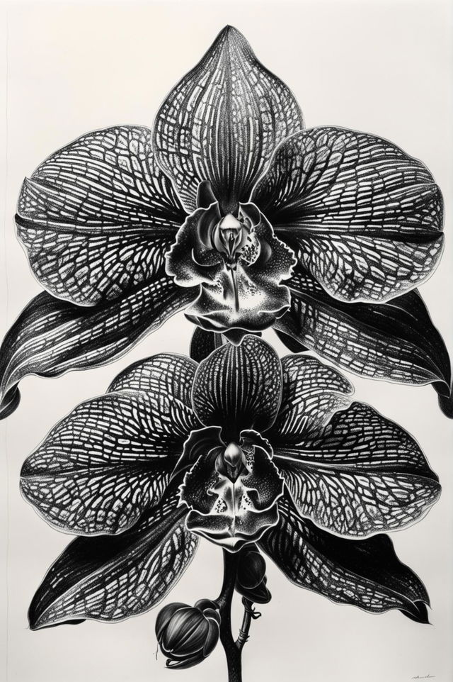 A high-quality black and white ballpoint pen drawing of an orchid