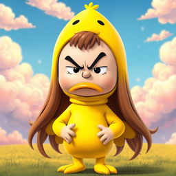 A Peanuts character with long hair, dressed in a bright and playful duck costume, displaying an exaggerated angry expression