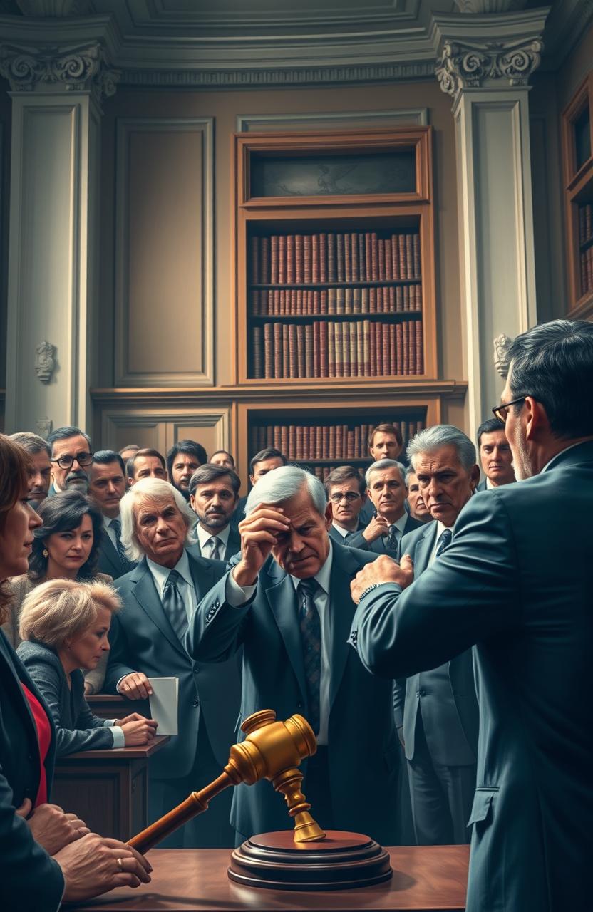 A dramatic courtroom scene depicting a tense trial where a diverse group of lawyers, witnesses, and a judge are engaged in a heated debate