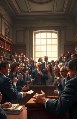 A dramatic courtroom scene depicting a tense trial where a diverse group of lawyers, witnesses, and a judge are engaged in a heated debate