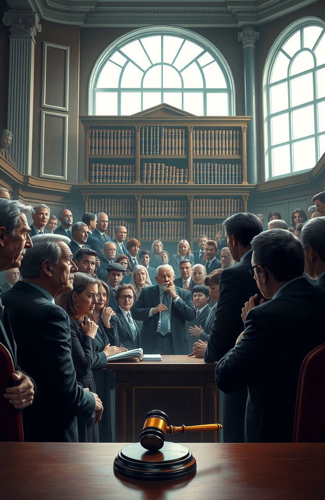 A dramatic courtroom scene depicting a tense trial where a diverse group of lawyers, witnesses, and a judge are engaged in a heated debate