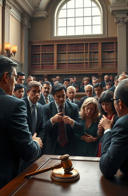 A dramatic courtroom scene depicting a tense trial where a diverse group of lawyers, witnesses, and a judge are engaged in a heated debate