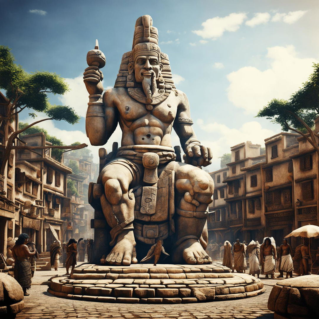 A high-quality digital rendering of a town square from 1710 BC, featuring a magnificent stone sculpture of a deity