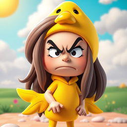 A female Peanuts character with long hair, dressed in a bright and playful duck costume, exhibiting an exaggerated angry expression