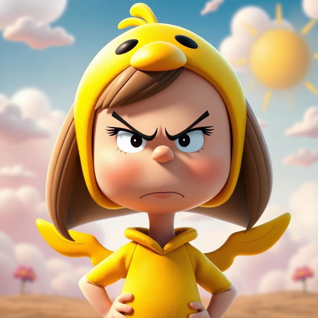 A female Peanuts character with long hair, dressed in a bright and playful duck costume, exhibiting an exaggerated angry expression