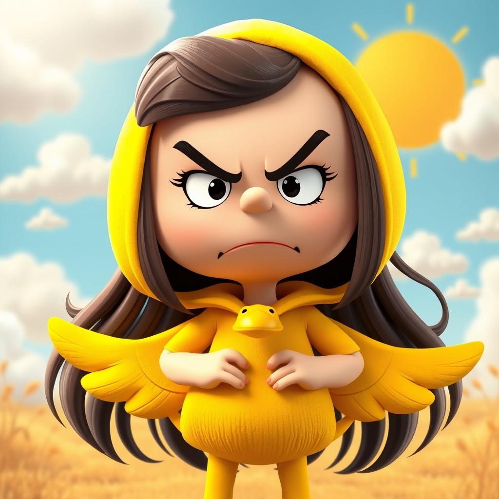 A female Peanuts character with long hair, dressed in a bright and playful duck costume, exhibiting an exaggerated angry expression