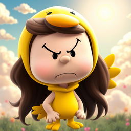 A female Peanuts character with long hair, dressed in a bright and playful duck costume, exhibiting an exaggerated angry expression