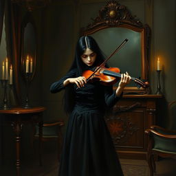 A gothic girl with long black hair, wearing a dark Victorian dress, passionately playing the violin in a dimly lit room filled with ornate wooden furniture