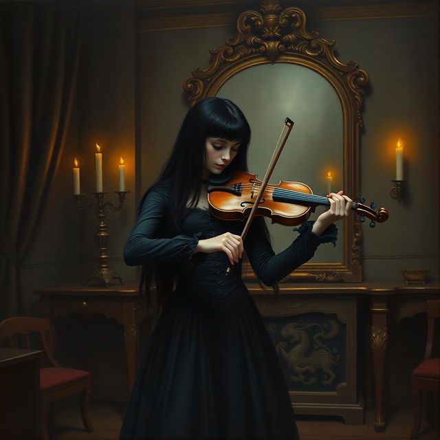 A gothic girl with long black hair, wearing a dark Victorian dress, passionately playing the violin in a dimly lit room filled with ornate wooden furniture
