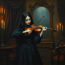 A gothic girl with long black hair, wearing a dark Victorian dress, passionately playing the violin in a dimly lit room filled with ornate wooden furniture