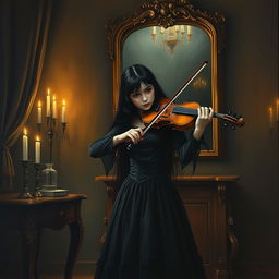 A gothic girl with long black hair, wearing a dark Victorian dress, passionately playing the violin in a dimly lit room filled with ornate wooden furniture
