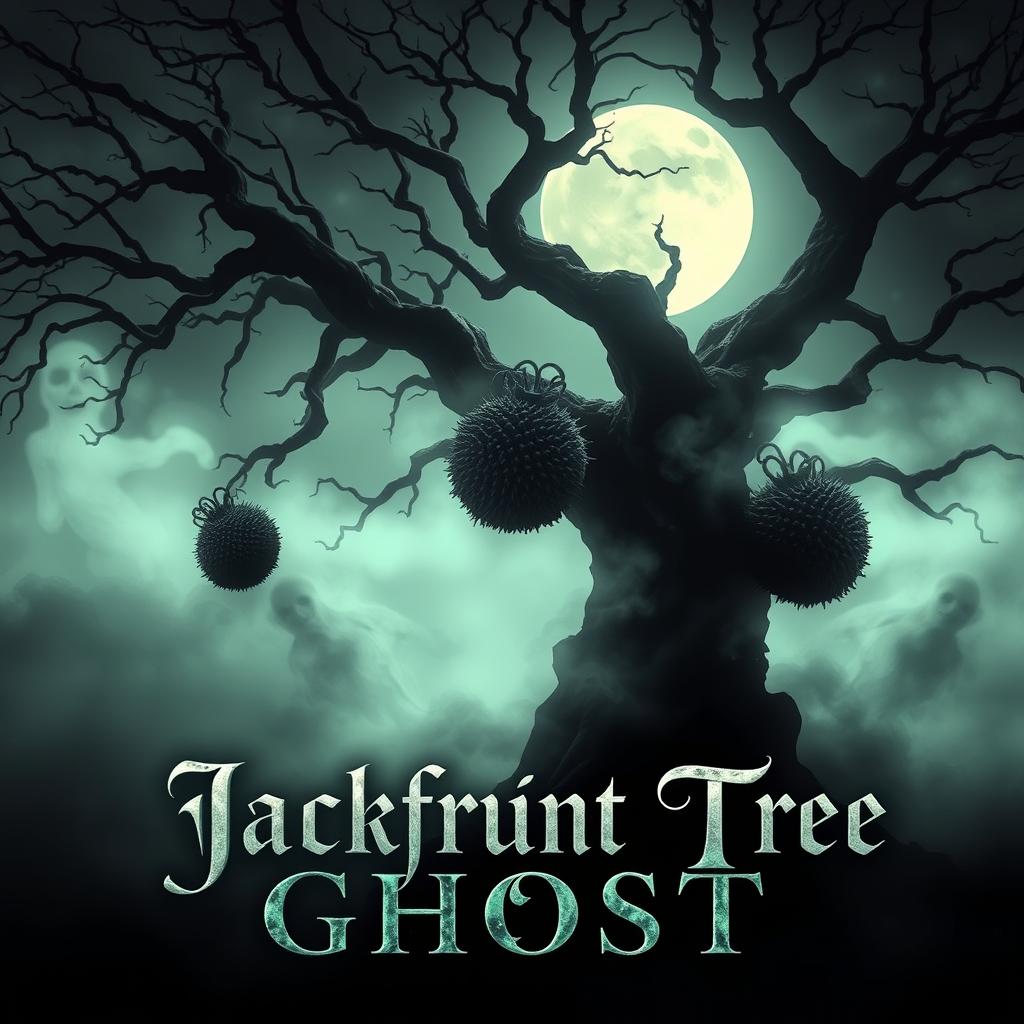 A hauntingly beautiful movie poster featuring a mysterious jackfruit tree, its gnarled branches looming under a misty moonlit sky