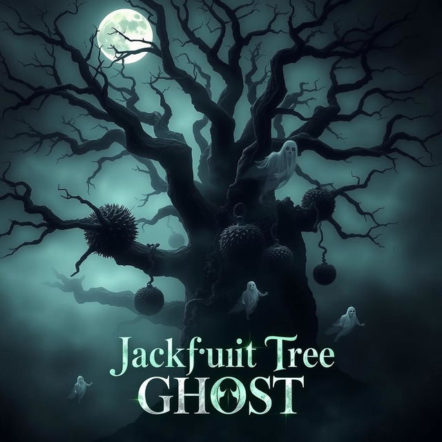 A hauntingly beautiful movie poster featuring a mysterious jackfruit tree, its gnarled branches looming under a misty moonlit sky