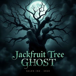 A hauntingly beautiful movie poster featuring a mysterious jackfruit tree, its gnarled branches looming under a misty moonlit sky