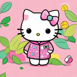 This is a vivid, digital art image showcasing Hello Kitty in her element