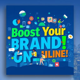 A visually striking poster for an online advertising campaign showcasing vibrant technology-themed graphics, digital elements, and social media icons