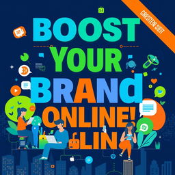 A visually striking poster for an online advertising campaign showcasing vibrant technology-themed graphics, digital elements, and social media icons