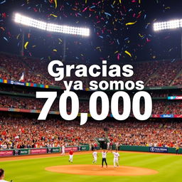 A vibrant image featuring a baseball stadium filled with cheering fans, highlighting a celebratory atmosphere with colorful banners and confetti in the air