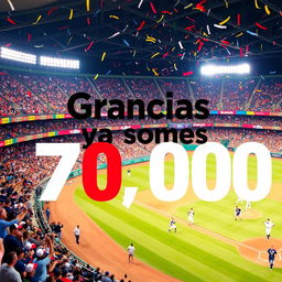 A vibrant image featuring a baseball stadium filled with cheering fans, highlighting a celebratory atmosphere with colorful banners and confetti in the air
