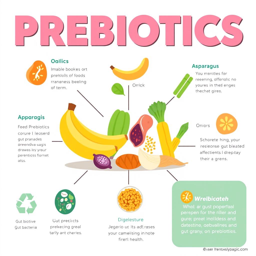 A visually appealing infographic illustrating the concept of prebiotics, featuring colorful representations of various prebiotic-rich foods such as bananas, garlic, onions, asparagus, and whole grains