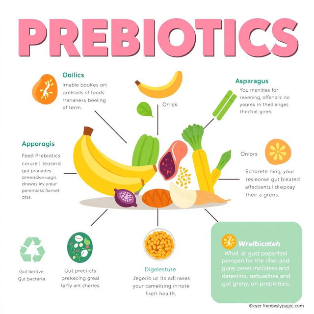 A visually appealing infographic illustrating the concept of prebiotics, featuring colorful representations of various prebiotic-rich foods such as bananas, garlic, onions, asparagus, and whole grains