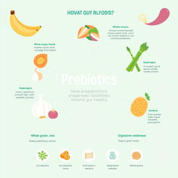 A visually appealing infographic illustrating the concept of prebiotics, featuring colorful representations of various prebiotic-rich foods such as bananas, garlic, onions, asparagus, and whole grains