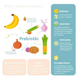 A visually appealing infographic illustrating the concept of prebiotics, featuring colorful representations of various prebiotic-rich foods such as bananas, garlic, onions, asparagus, and whole grains