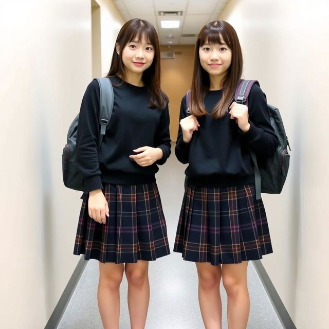 Two young beautiful Japanese high school female students standing side by side in matching dark school uniforms featuring plaid skirts