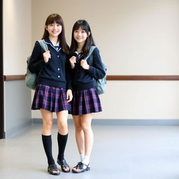 Two young beautiful Japanese high school female students standing side by side in matching dark school uniforms featuring plaid skirts