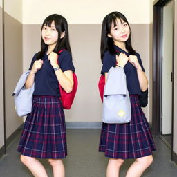Two young beautiful Japanese high school female students standing side by side in matching dark school uniforms featuring plaid skirts