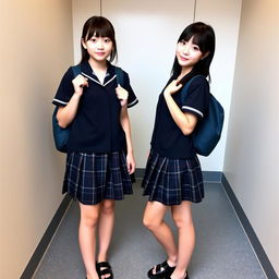 Two young beautiful Japanese high school female students standing side by side in matching dark school uniforms featuring plaid skirts