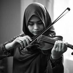 A black and white image depicting a Muslim woman playing the violin, focusing on her elegant pose and the intricate details of the violin