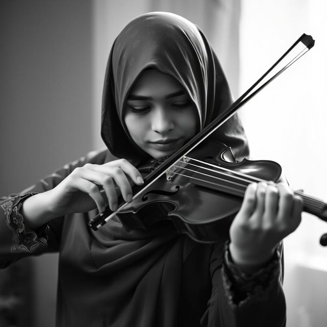 A black and white image depicting a Muslim woman playing the violin, focusing on her elegant pose and the intricate details of the violin