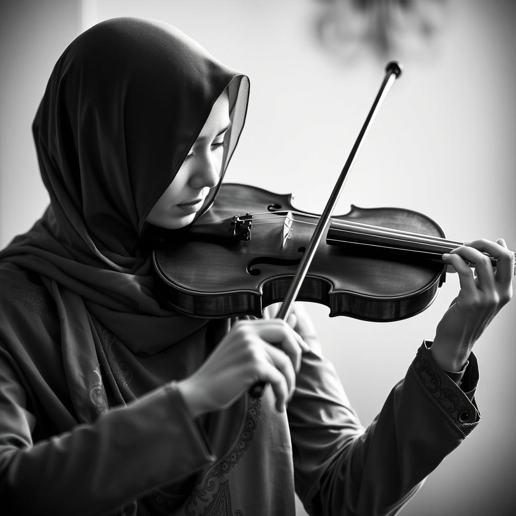 A black and white image depicting a Muslim woman playing the violin, focusing on her elegant pose and the intricate details of the violin
