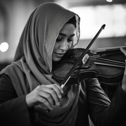 A black and white image depicting a Muslim woman playing the violin, focusing on her elegant pose and the intricate details of the violin