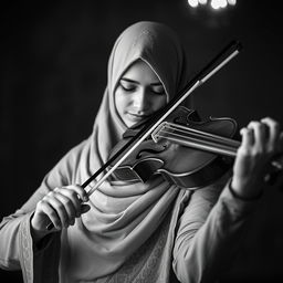 A black and white image depicting a Muslim woman playing the violin, focusing on her elegant pose and the intricate details of the violin