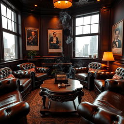 A cozy and stylish open smoking room, featuring plush leather armchairs and a vintage wooden coffee table