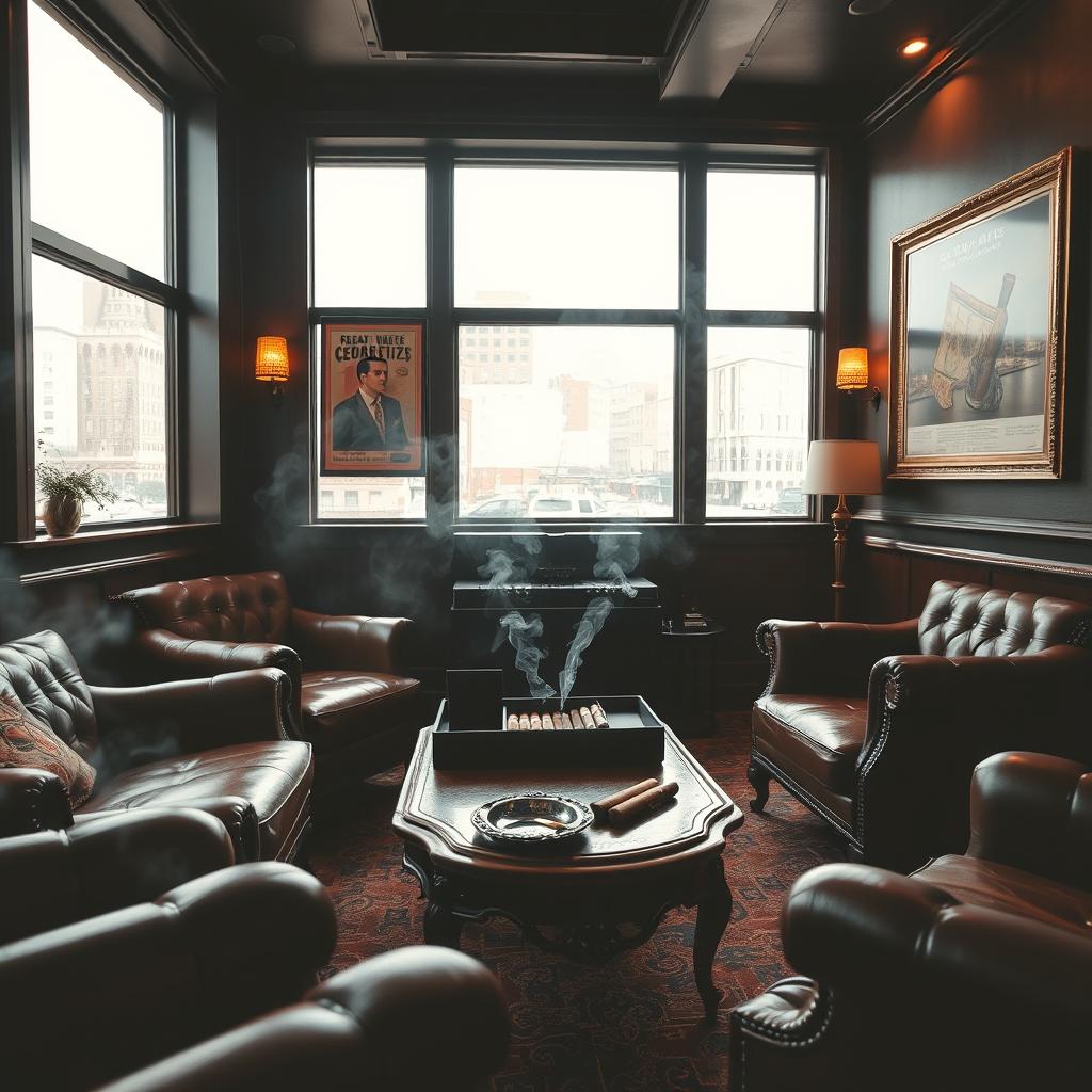 A cozy and stylish open smoking room, featuring plush leather armchairs and a vintage wooden coffee table