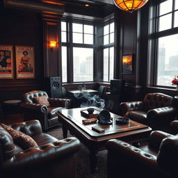 A cozy and stylish open smoking room, featuring plush leather armchairs and a vintage wooden coffee table