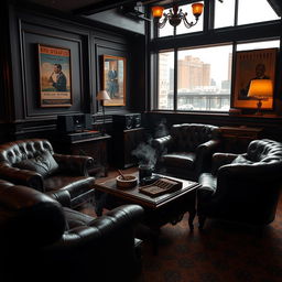 A cozy and stylish open smoking room, featuring plush leather armchairs and a vintage wooden coffee table