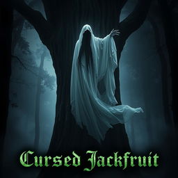 A haunting movie poster featuring a ghost dressed in flowing white robes, with long, cascading black hair, elegantly draped over a towering jackfruit tree