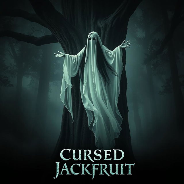 A haunting movie poster featuring a ghost dressed in flowing white robes, with long, cascading black hair, elegantly draped over a towering jackfruit tree