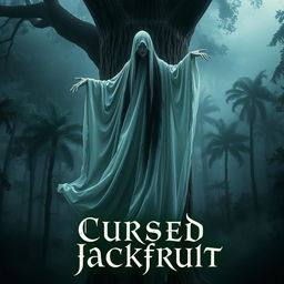 A haunting movie poster featuring a ghost dressed in flowing white robes, with long, cascading black hair, elegantly draped over a towering jackfruit tree