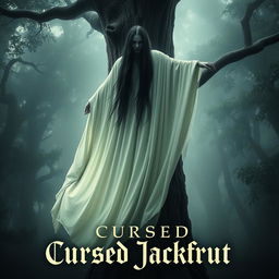 A haunting movie poster featuring a ghost dressed in flowing white robes, with long, cascading black hair, elegantly draped over a towering jackfruit tree