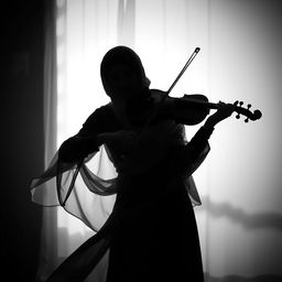 A black and white image of a Muslim woman playing the violin, elegantly captured without showing her face