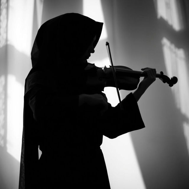 A black and white image of a Muslim woman playing the violin, elegantly captured without showing her face