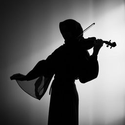 A black and white image of a Muslim woman playing the violin, elegantly captured without showing her face