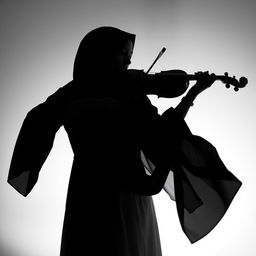 A black and white image of a Muslim woman playing the violin, elegantly captured without showing her face